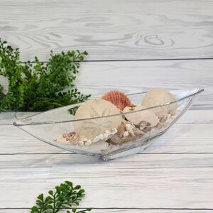 Elegant Clear Glass Boat Shaped Decorative Bowl With Natural Seashells 15" Long